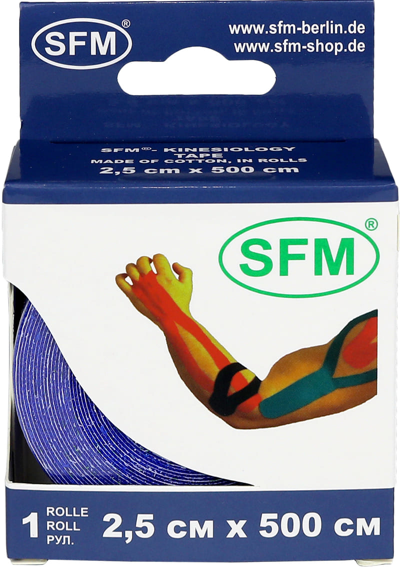 Лента кинезиологическая SFM-Plaster, на хлопковой основе, 2,5см Х 500см, синего цвета, в диспенсере