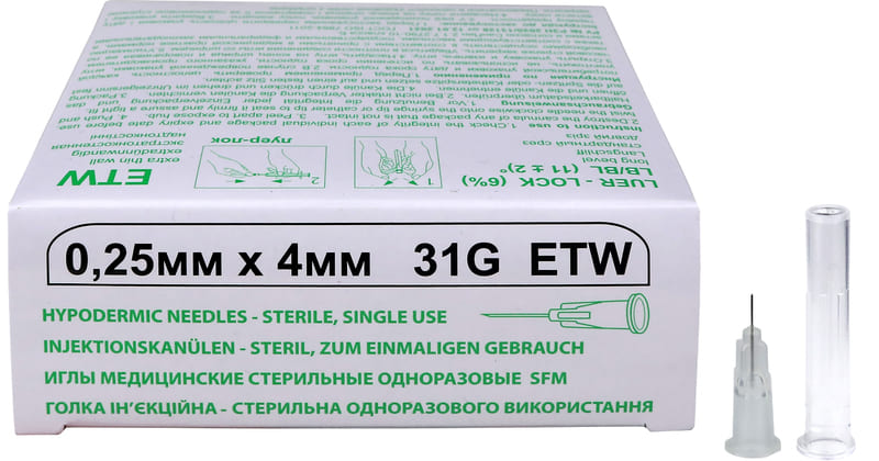Иглы медицинские стерильные одноразовые SFM  0,25мм х 4 мм 31G ETW №50