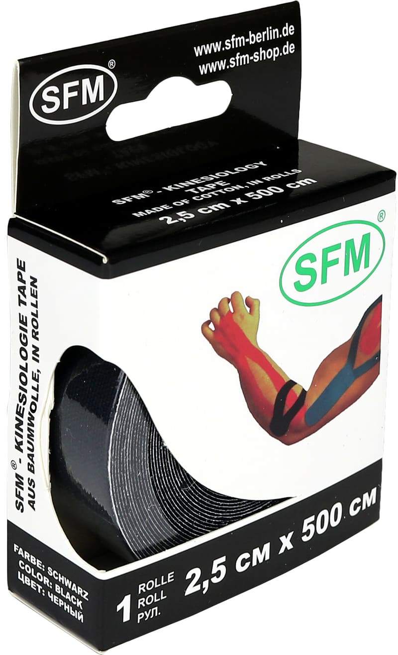 Лента кинезиологическая SFM-Plaster, на хлопковой основе, 2,5см Х 500см, черного цвета, в диспенсере