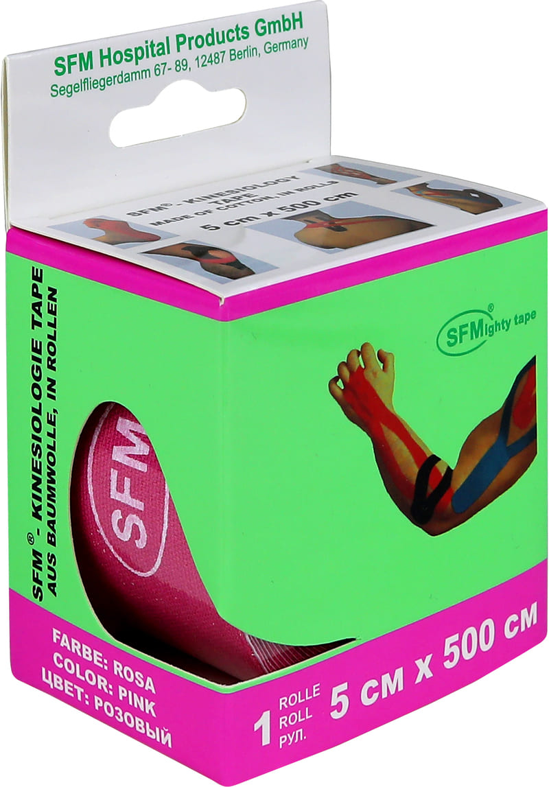 Лента кинезиологическая SFM-Plaster, на хлопковой основе, 5см Х 500см, розового цвета, в диспенсере, с логотипом