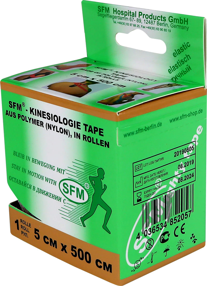 Лента кинезиологическая SFM-Plaster, на полимерной основе (нейлон), 5см Х 500см,    бежевого цвета, в диспенсере, с логотипом