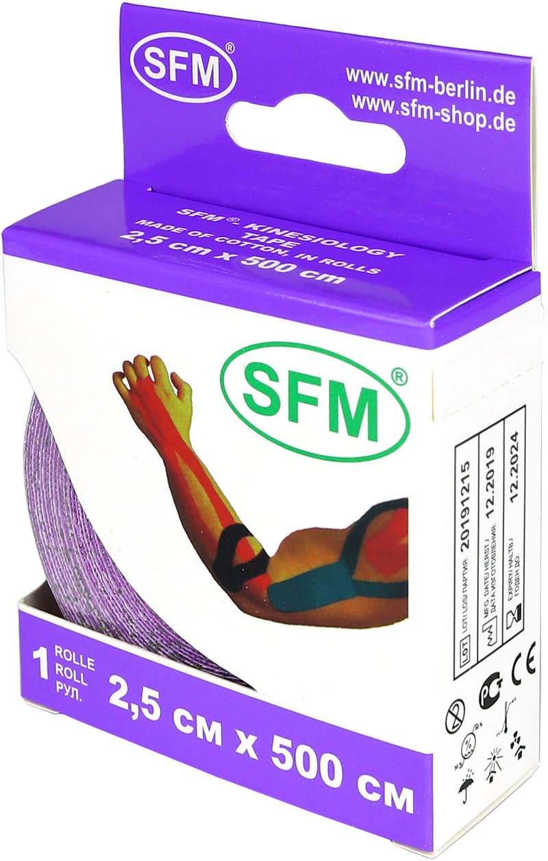Лента кинезиологическая SFM-Plaster, на хлопковой основе, 2,5см Х 500см, фиолетового цвета, в диспенсере