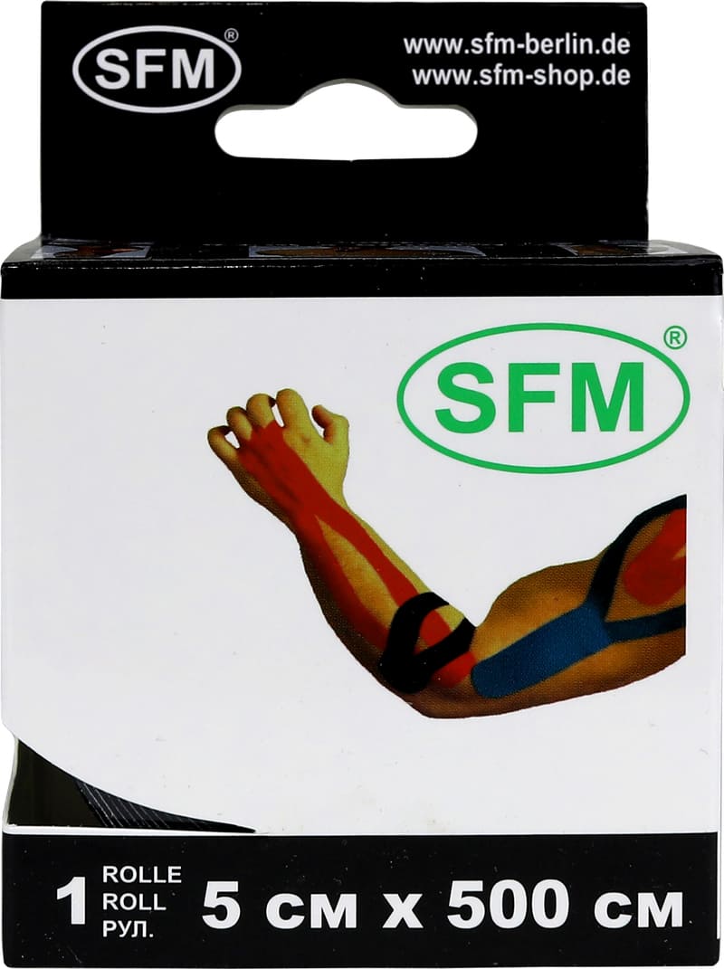 Лента кинезиологическая SFM-Plaster, на хлопковой основе, 5см Х 500см,  черного цвета, в диспенсере