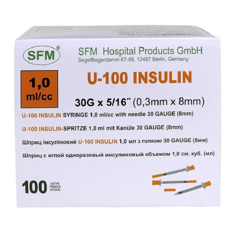 Шприц       1,0мл. Инсулин. U - 100 (3-х) SFM, Германия однораз. стер. с интегрир. иглой 0,30 х 8,0 - 30G № 10 ( полибэг)