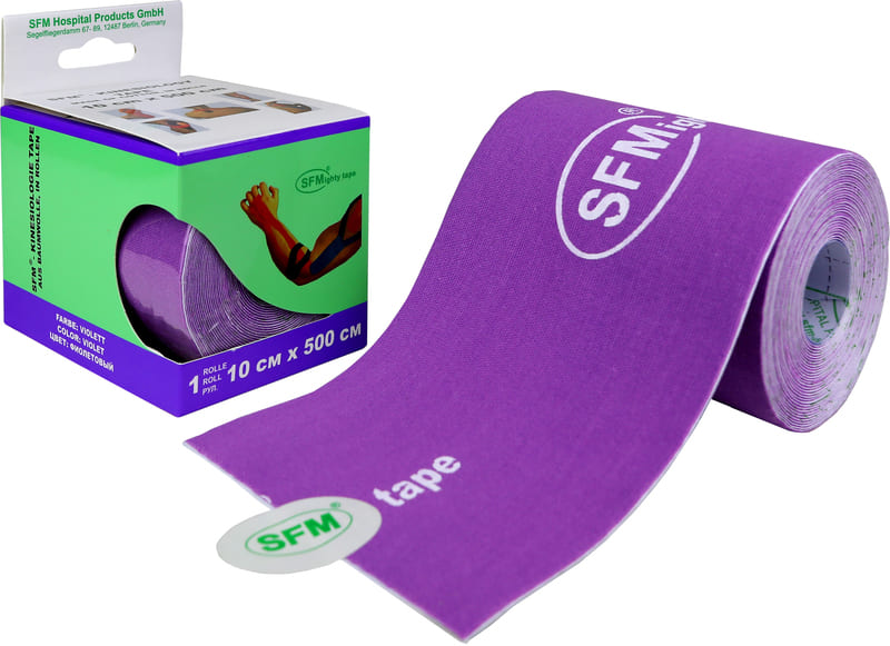 Лента кинезиологическая SFM-Plaster, на хлопковой основе, 10см Х 500см, фиолетового цвета, в диспенсере, с логотипом