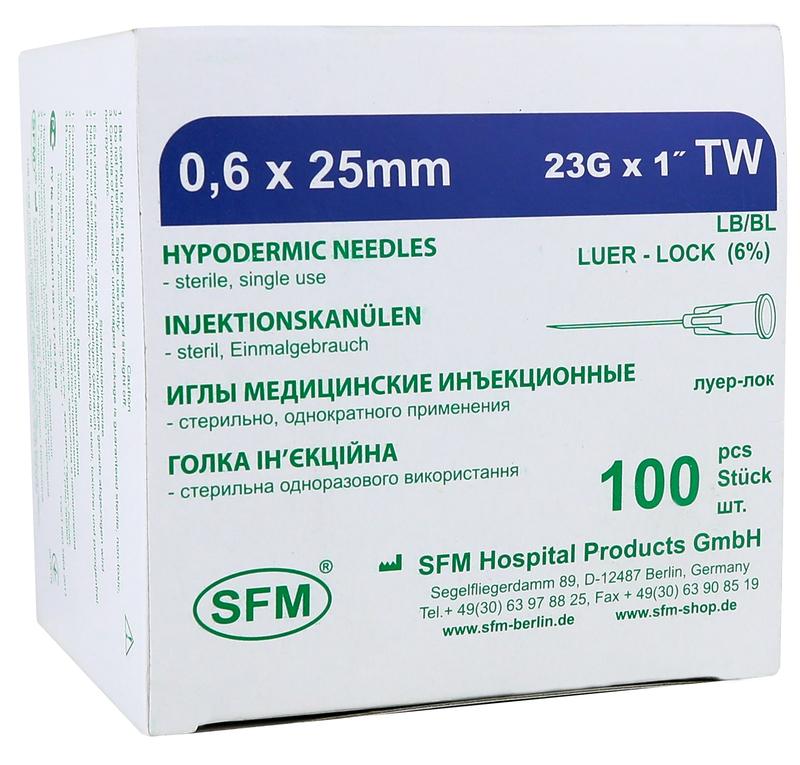 Иглы медицинские инъекционные SFM 0,60 х 25 мм 23G TW №100
