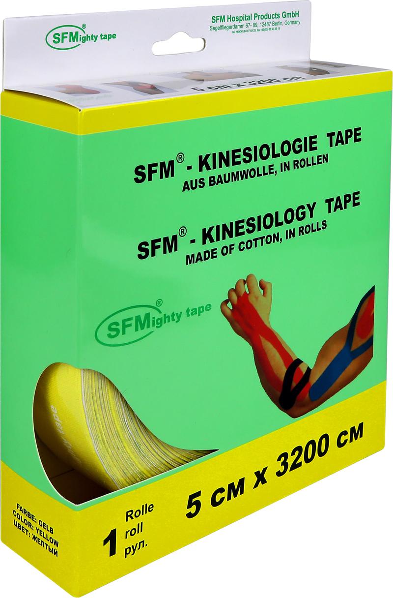 Лента кинезиологическая SFM-Plaster, на хлопковой основе, 5см Х 3200см, желтого цвета, в диспенсере, с логотипом