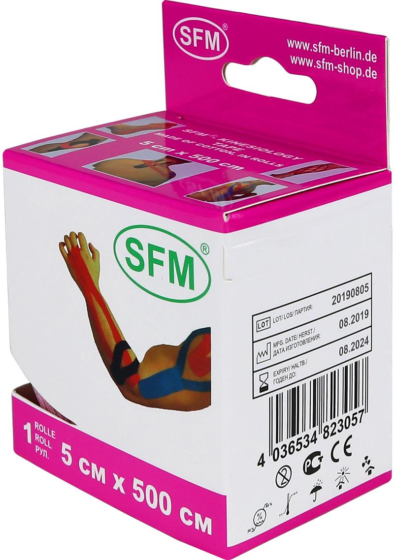 Лента кинезиологическая SFM-Plaster, на хлопковой основе, 5см Х 500см,  розового цвета, в диспенсере