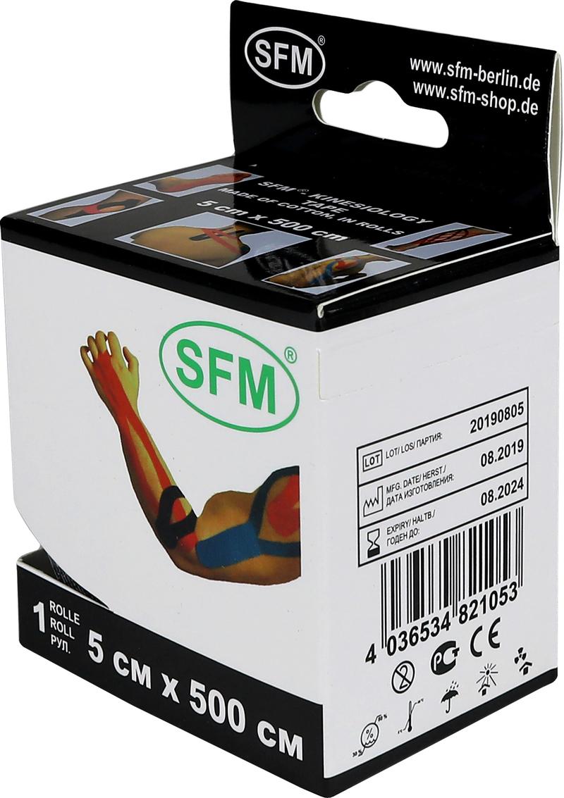 Лента кинезиологическая SFM-Plaster, на хлопковой основе, 5см Х 500см,  черного цвета, в диспенсере