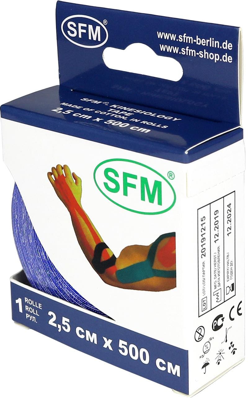 Лента кинезиологическая SFM-Plaster, на хлопковой основе, 2,5см Х 500см, синего цвета, в диспенсере