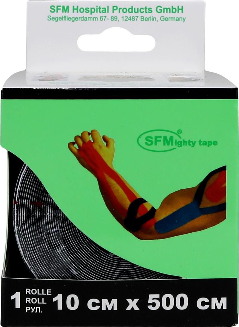 Лента кинезиологическая SFM-Plaster, на хлопковой основе, 10см Х 500см, черного цвета, в диспенсере, с логотипом