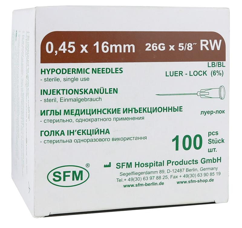 Иглы медицинские инъекционные SFM 0,45 х 16 мм 26G RW №100
