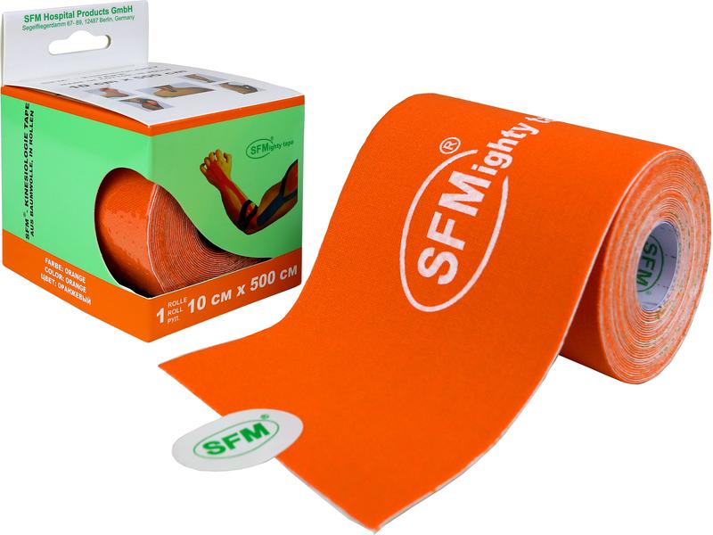 Лента кинезиологическая SFM-Plaster, на хлопковой основе, 10см Х 500см, оранжевого цвета, в диспенсере, с логотипом