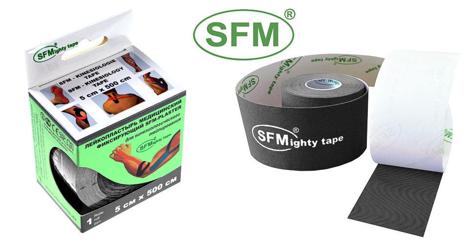 Лента кинезиологическая SFM-Plaster, на хлопковой основе, 5см Х 500см, черного цвета, в диспенсере, с логотипом
