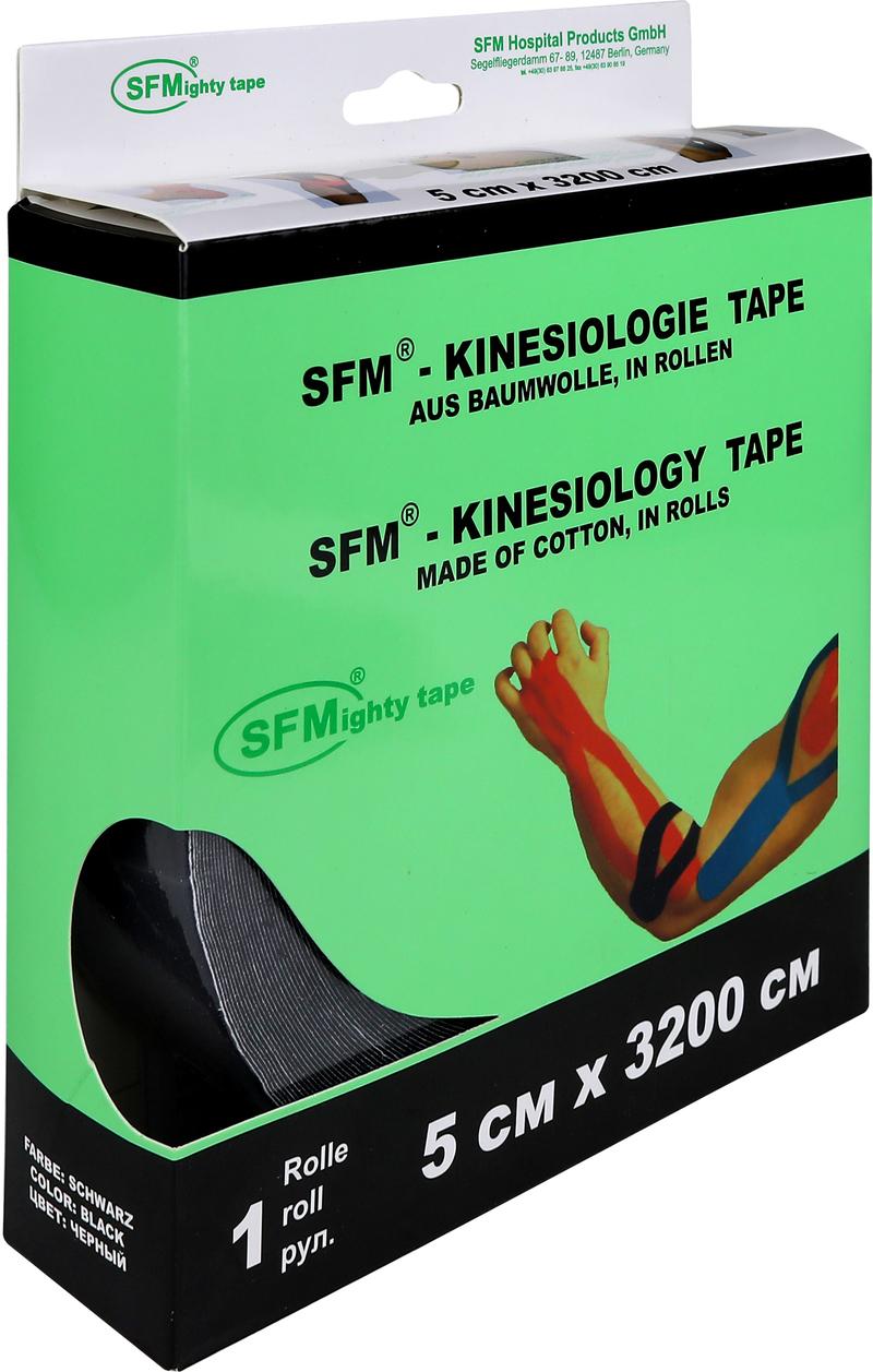 Лента кинезиологическая SFM-Plaster, на хлопковой основе, 5см Х 3200см, черного цвета, в диспенсере, с логотипом