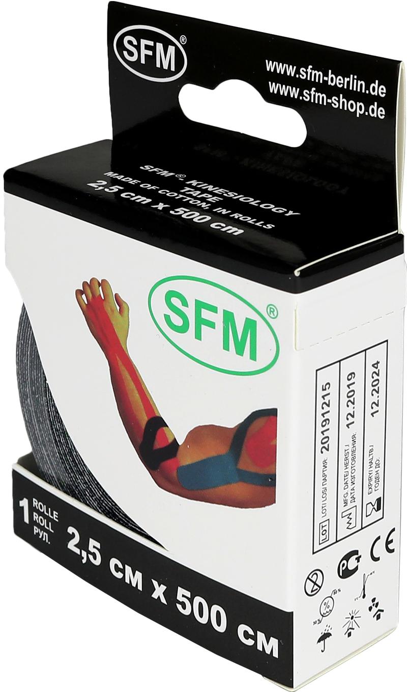 Лента кинезиологическая SFM-Plaster, на хлопковой основе, 2,5см Х 500см, черного цвета, в диспенсере
