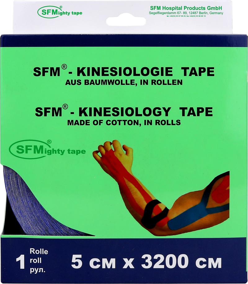 Лента кинезиологическая SFM-Plaster, на хлопковой основе, 5см Х 3200см, синего цвета, в диспенсере, с логотипом
