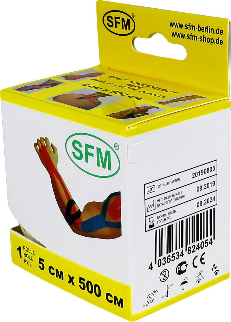 Лента кинезиологическая SFM-Plaster, на хлопковой основе, 5см Х 500см,  желтого цвета, в диспенсере