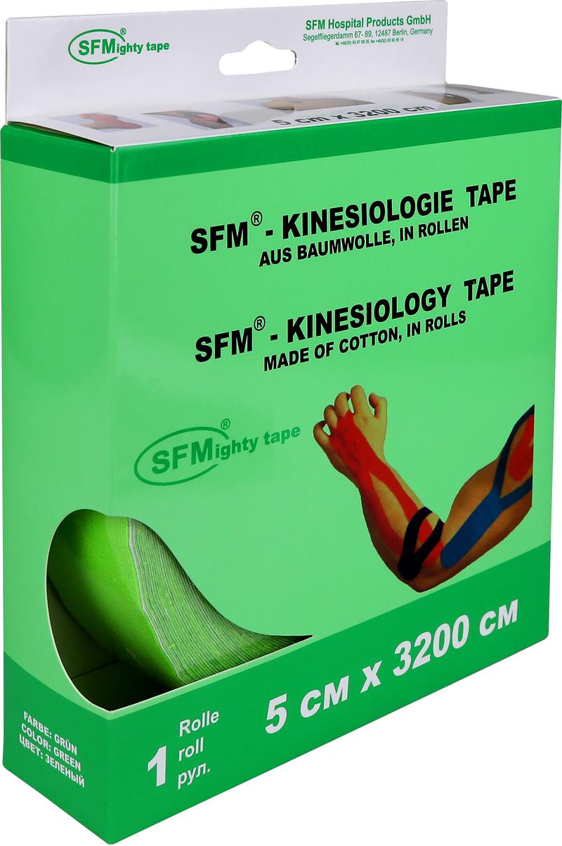 Лента кинезиологическая SFM-Plaster, на хлопковой основе, 5см Х 3200см, зеленого цвета, в диспенсере, с логотипом