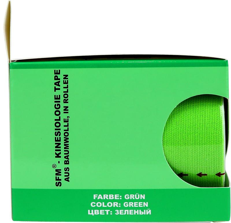 Лента кинезиологическая SFM-Plaster, на хлопковой основе, 10см Х 500см, зеленого цвета, в диспенсере, с логотипом