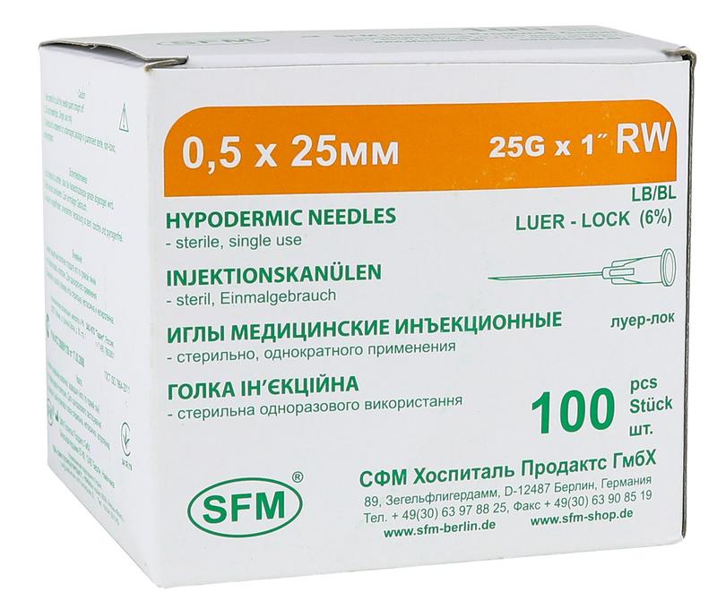 Иглы медицинские инъекционные SFM 0,50 х 25 мм 25G RW №100